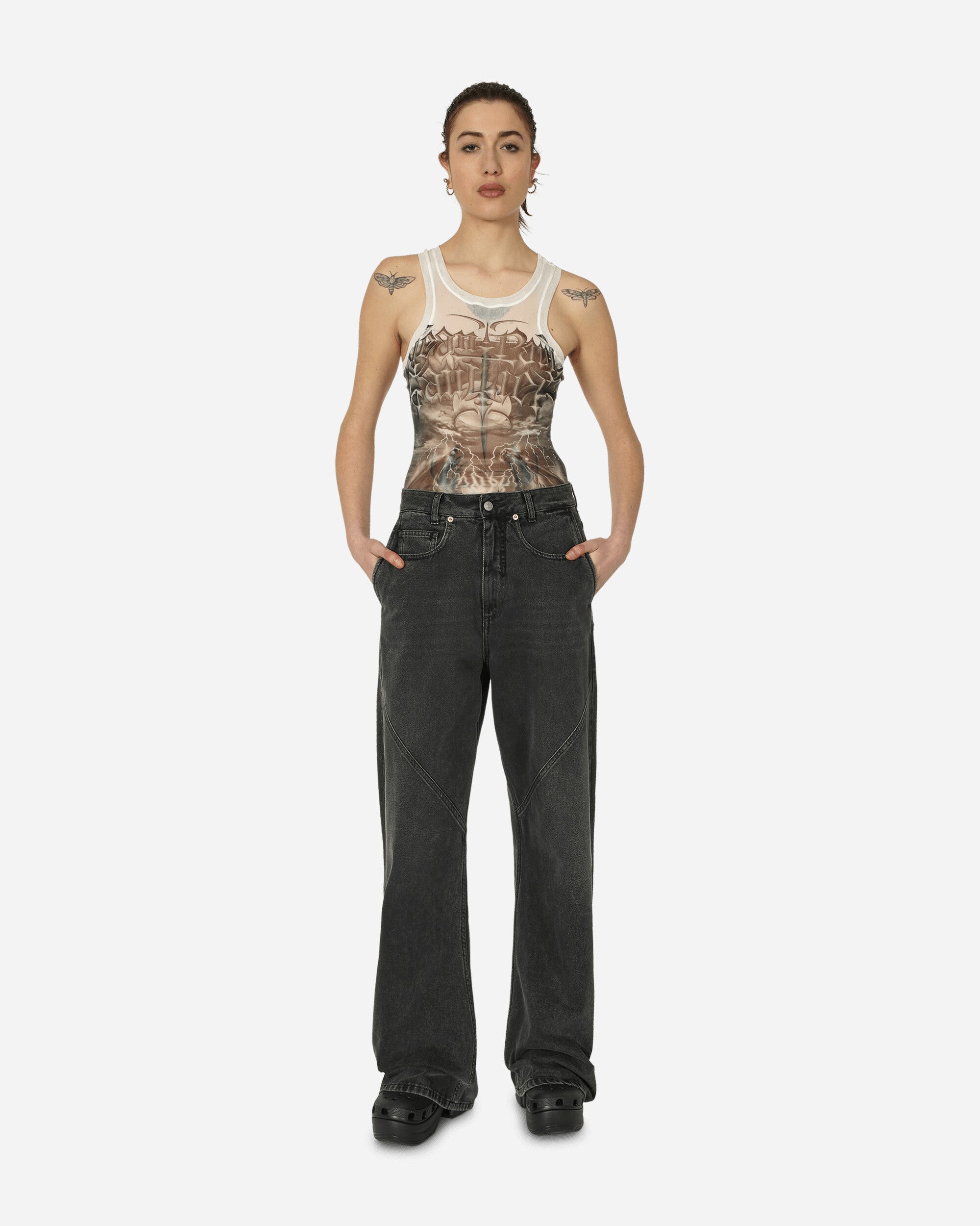 Jean Paul Gaultier Wmns Mesh High Neck Body Printed Diablo White/Black Pants Jumpsuits F-BD025-T546 0100